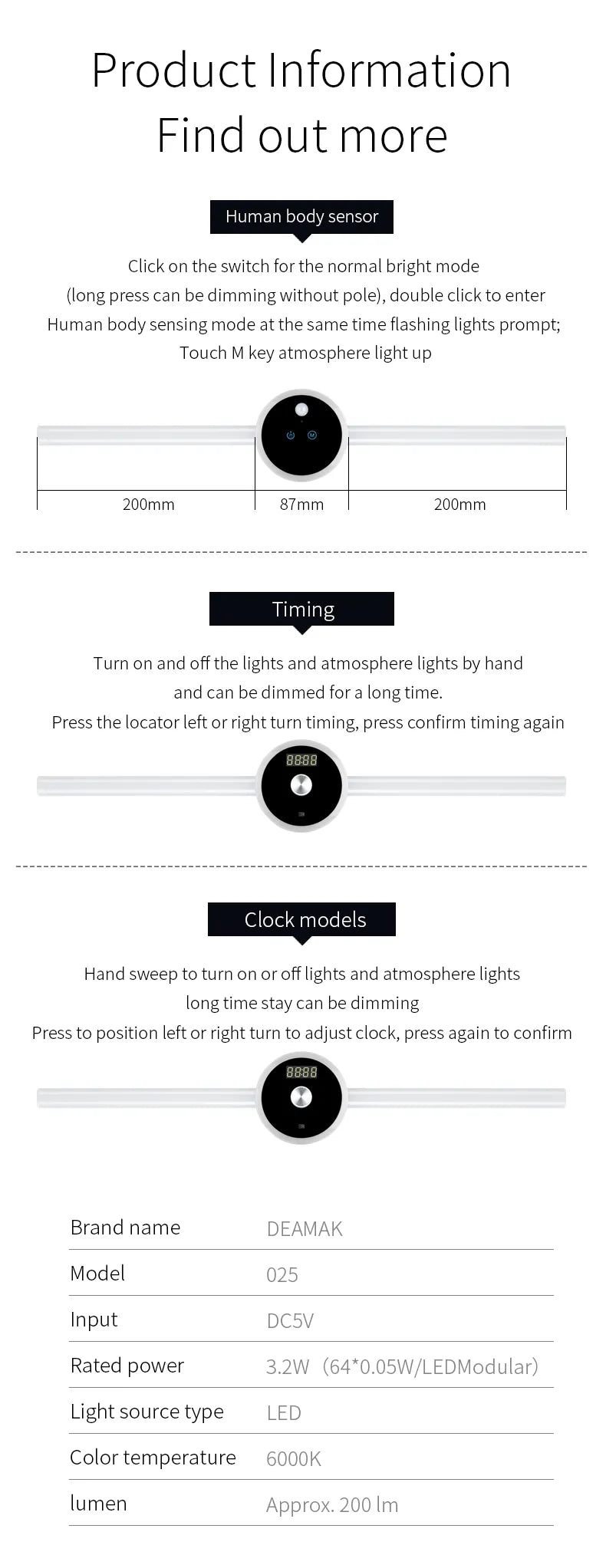 Smart Cabinet Light Clock Timing Sensor Light Removable LED Wardrobe Light Human Body Sensor Light