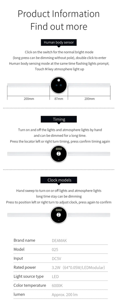 Smart Cabinet Light Clock Timing Sensor Light Removable LED Wardrobe Light Human Body Sensor Light
